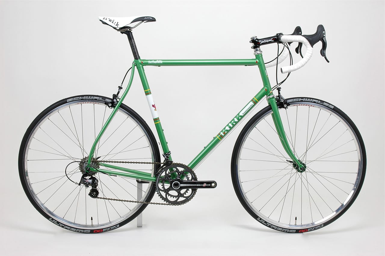 A gorgeous green road bike from KIRK frameworks, with paint by JB and Crew